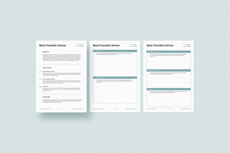 K&ouml;nnte beinhalten: Drei leere Arbeitsbl&auml;tter mit dem Titel "Best Possible Selves" mit &Uuml;berschriften f&uuml;r "What is it?", "How to use it?", "What are my strengths?", "What are my values?", "What are my goals?", "What are my challenges?", "How can I overcome my challenges?", "What are my strengths?", "What are my values?", "What are my goals?", "What are my challenges?", "How can I overcome my challenges?", "What are my strengths?", "What are my values?", "What are my goals?", "What are my challenges?", "How can I overcome my challenges?", "Next Steps", "Knowledge", "Connections", "Resources", "Next Steps", "Knowledge", "Connections", "Resources", "Next Steps", "Knowledge", "Connections", "Resources".
