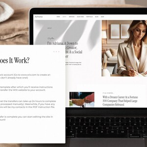 Puede incluir: Un ordenador port&aacute;til que muestra un sitio web con el texto "&iquest;C&oacute;mo funciona?" y una lista de pasos. El sitio web tambi&eacute;n presenta una foto de una mujer con un blazer beige sentada en un escritorio y escribiendo. El texto "Soy Adriana. Una creadora con los pies en la tierra, artista y gerente de redes sociales" tambi&eacute;n es visible en el sitio web.