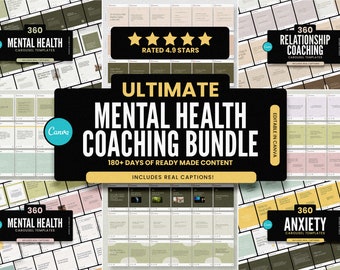 May include: A collage of images showcasing a digital product bundle for mental health coaching. The bundle includes 180+ days of ready-made content, including real captions, and is editable in Canva. The text "ULTIMATE MENTAL HEALTH COACHING BUNDLE" is featured in large, bold letters.