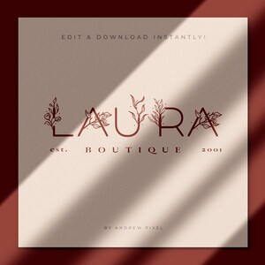 May include: A logo design for a boutique called "Laura Boutique" established in 2001. The logo features the name "Laura" in a stylized font with floral accents and the text "est. Boutique 2001" below.