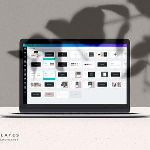 May include: A laptop screen displaying 35 templates for Canva and Illustrator. The templates are organized in a grid and feature a variety of designs, including logos, branding elements, and social media graphics. The text "35 TEMPLATES FOR CANVA + ILLUSTRATOR" is displayed below the laptop.