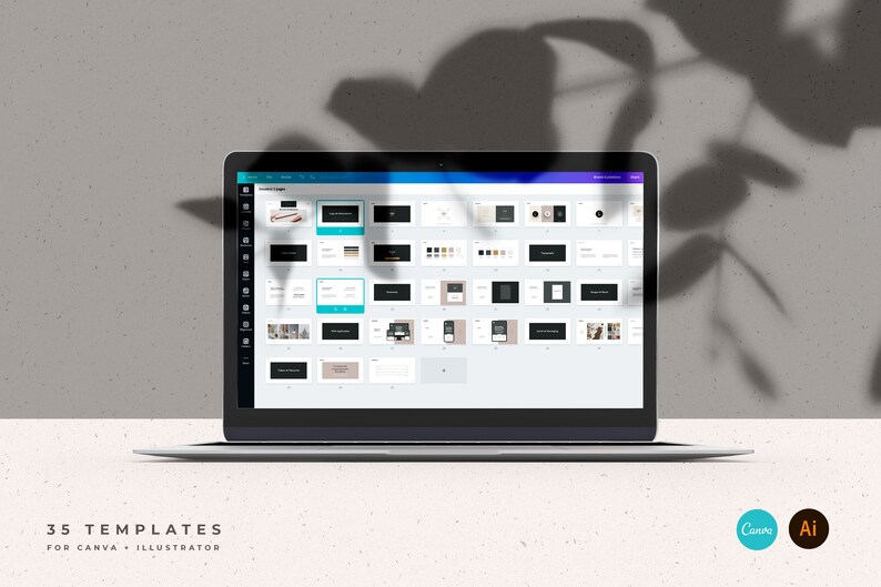 May include: A laptop screen displaying 35 templates for Canva and Illustrator. The templates are organized in a grid and feature a variety of designs, including logos, branding elements, and social media graphics. The text "35 TEMPLATES FOR CANVA + ILLUSTRATOR" is displayed below the laptop.