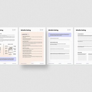 May include: Four printable worksheets with the title "Mindful Eating" in a light blue font. The worksheets contain instructions and questions about mindful eating.