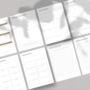 May include: A set of eight printable business planning worksheets with titles including "Strategy Overview", "Strategic Placement", "Go to Market", "Business Model", "Business Plan", "Vision Statement", "Mission Statement", and "Go to Market".