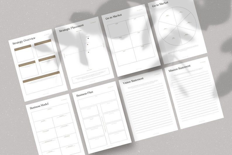 May include: A set of eight printable business planning worksheets with titles including "Strategy Overview", "Strategic Placement", "Go to Market", "Business Model", "Business Plan", "Vision Statement", "Mission Statement", and "Go to Market".