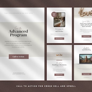 Może przedstawiać: Biało-brązowy szablon marketingu cyfrowego z tekstem "Dołącz do programu zaawansowanego" i przyciskiem wezwania do działania. Szablon jest podzielony na cztery sekcje, z kt&oacute;rych każda zawiera inny obraz i tekst. Pierwsza sekcja zawiera zdjęcie miasta, druga sekcja zawiera zdjęcie łodzi na jeziorze, trzecia sekcja zawiera zdjęcie laptopa, a czwarta sekcja zawiera zdjęcie kobiety stojącej przed laptopem. Tekst w każdej sekcji dotyczy r&oacute;żnych aspekt&oacute;w marketingu cyfrowego, takich jak spos&oacute;b zamienienia hobby w zysk, sztuka skalowania firmy i ostateczny przewodnik po udanym blogu.