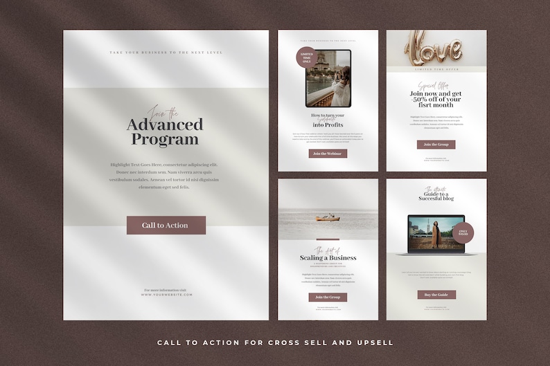 Może przedstawiać: Biało-brązowy szablon marketingu cyfrowego z tekstem "Dołącz do programu zaawansowanego" i przyciskiem wezwania do działania. Szablon jest podzielony na cztery sekcje, z kt&oacute;rych każda zawiera inny obraz i tekst. Pierwsza sekcja zawiera zdjęcie miasta, druga sekcja zawiera zdjęcie łodzi na jeziorze, trzecia sekcja zawiera zdjęcie laptopa, a czwarta sekcja zawiera zdjęcie kobiety stojącej przed laptopem. Tekst w każdej sekcji dotyczy r&oacute;żnych aspekt&oacute;w marketingu cyfrowego, takich jak spos&oacute;b zamienienia hobby w zysk, sztuka skalowania firmy i ostateczny przewodnik po udanym blogu.