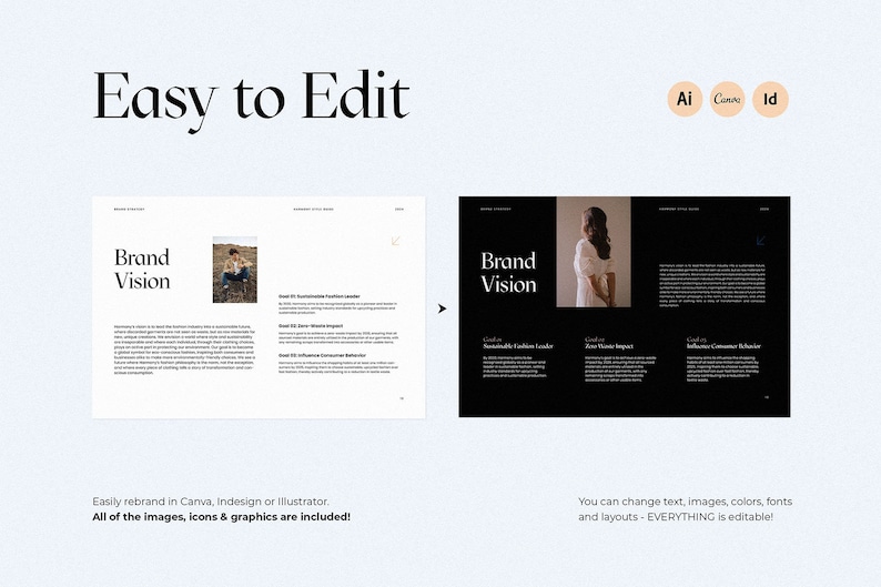 Peut inclure: Une maquette de document de vision de marque avec le texte "Brand Vision" en noir et blanc. Le document est divis&eacute; en trois sections, chacune avec un objectif diff&eacute;rent&nbsp;: leader de la mode durable, impact z&eacute;ro d&eacute;chet et influence du comportement des consommateurs. Le document est facile &agrave; modifier et &agrave; personnaliser.