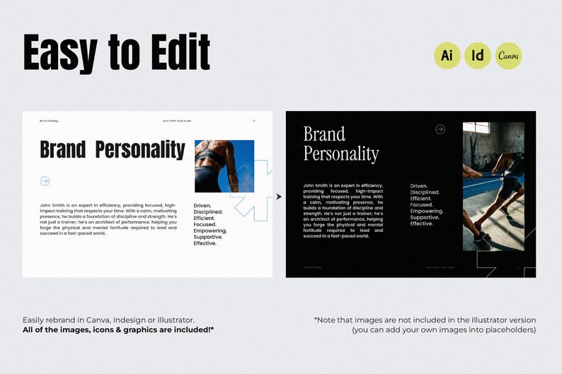 Puede incluir: Una plantilla de marketing digital con el texto "Easy to Edit" en la parte superior. La plantilla muestra un concepto de "Brand Personality" con texto e im&aacute;genes, y es f&aacute;cilmente personalizable en Canva, InDesign o Illustrator.