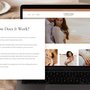 May include: A laptop computer displaying a website with a light brown background and the text "How Does It Work?" and "Client Stories". The website is for a photography business and includes a list of steps for purchasing a website template.