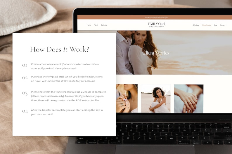 May include: A laptop computer displaying a website with a light brown background and the text "How Does It Work?" and "Client Stories". The website is for a photography business and includes a list of steps for purchasing a website template.