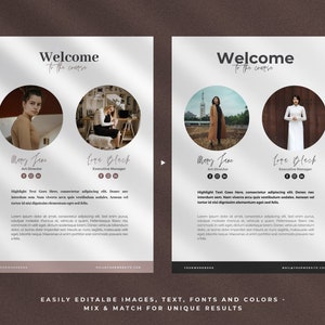 Może przedstawiać: Dwie białe karty z czarnym tekstem i obrazami ludzi. Tekst na kartach brzmi "Witamy w zespole". Karty przedstawiają dwie kobiety, jedną w białej sukience, a drugą w brązowym płaszczu. Karty zawierają r&oacute;wnież imiona "Mary Jane" i "Love Black" wraz z ich odpowiednimi tytułami. Tekst u dołu kart brzmi "ŁATWO EDYTOWALNE OBRAZY, TEKST, CZCIONKI I KOLORY - MIESZAJ I DOPASOWUJ, ABY OTRZYMAĆ UNIKALNE WYNIKI".