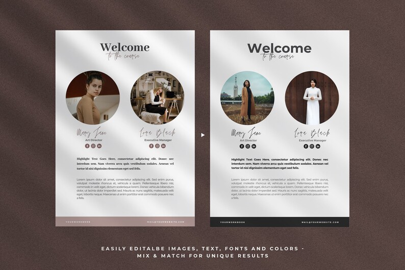 Może przedstawiać: Dwie białe karty z czarnym tekstem i obrazami ludzi. Tekst na kartach brzmi "Witamy w zespole". Karty przedstawiają dwie kobiety, jedną w białej sukience, a drugą w brązowym płaszczu. Karty zawierają r&oacute;wnież imiona "Mary Jane" i "Love Black" wraz z ich odpowiednimi tytułami. Tekst u dołu kart brzmi "ŁATWO EDYTOWALNE OBRAZY, TEKST, CZCIONKI I KOLORY - MIESZAJ I DOPASOWUJ, ABY OTRZYMAĆ UNIKALNE WYNIKI".