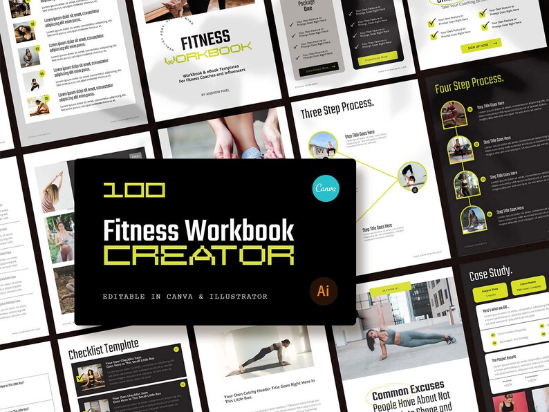 May include: A black and yellow graphic with the text "100 Fitness Workbook Creator" and "Editable in Canva & Illustrator". The graphic is surrounded by images of fitness workbooks and fitness poses.