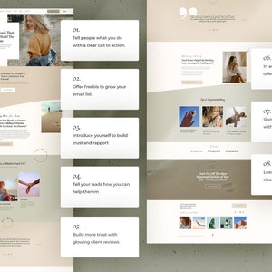 Puede incluir: Maqueta de dise&ntilde;o de sitio web con una paleta de colores neutros. El dise&ntilde;o incluye im&aacute;genes, texto y pasos numerados para estrategias de marketing online. El texto incluye frases como "Dile a la gente lo que haces" y "Ofrece obsequios".
