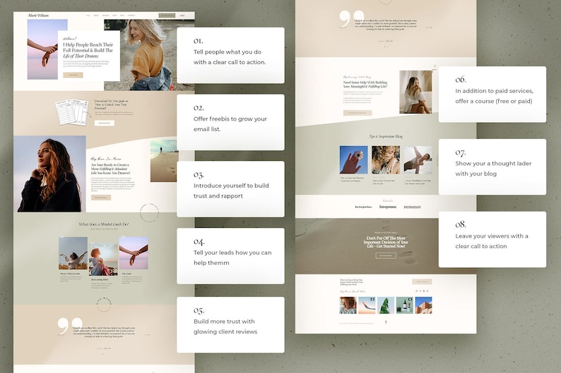 Puede incluir: Maqueta de dise&ntilde;o de sitio web con una paleta de colores neutros. El dise&ntilde;o incluye im&aacute;genes, texto y pasos numerados para estrategias de marketing online. El texto incluye frases como "Dile a la gente lo que haces" y "Ofrece obsequios".