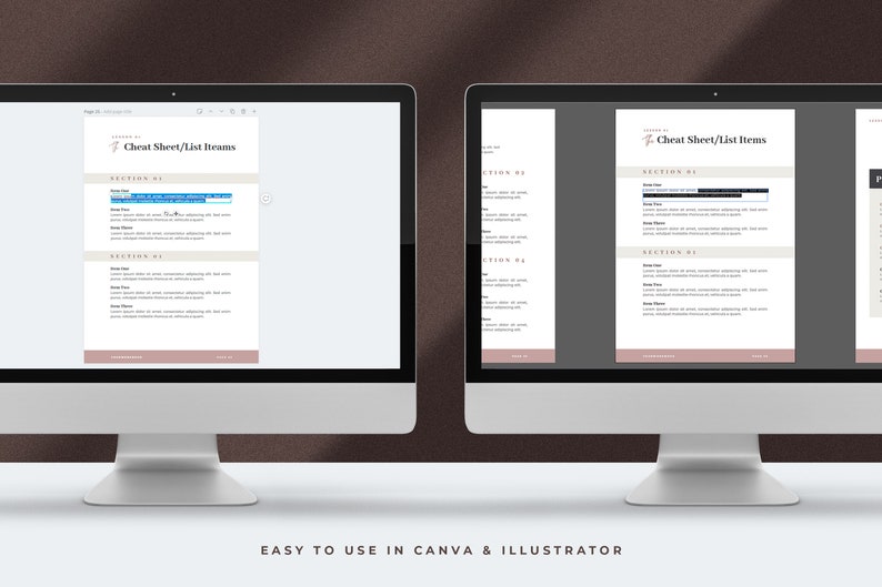 Może przedstawiać: Dwa ekrany komputerowe wyświetlające dokument cyfrowy z tytułem "Cheat Sheet/List Items". Dokument jest podzielony na sekcje z nagł&oacute;wkami i tekstem.