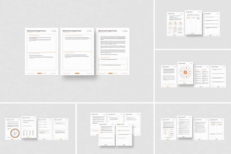 May include: A set of eight black and white printable worksheets for a behavioral experiment. The worksheets include sections for "Behavioral Experiment", "Key Role Players", "Cognitive Strategies", "Key Data Insights", "Step by Step Guide", and "Cognitive Observations".