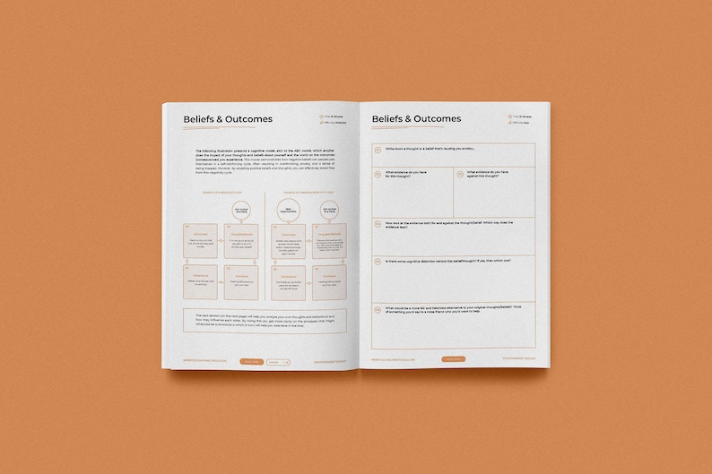 May include: A two-page workbook with the title "Beliefs & Outcomes" printed at the top of each page. The left page features a diagram with boxes and arrows, while the right page has a list of questions to help you explore your beliefs and outcomes.