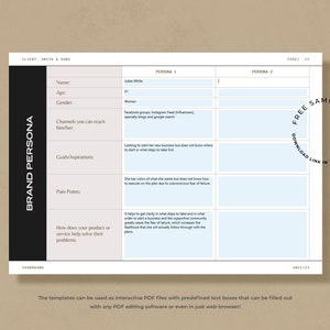 May include: A printable brand persona template with two columns, labeled "Persona 1" and "Persona 2". The template includes fields for name, age, gender, channels to reach, goals/aspirations, pain points, and how a product or service can help solve their problems.