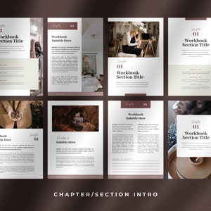 Może przedstawiać: Zeszyt ćwiczeń w brązowo-białym kolorze. Okładka zawiera tekst "Rozdział 01 Workbook Section Title" oraz zdjęcie osoby pracującej przy kole garncarskim. Na dole strony znajduje się tekst "CHAPTER/SECTION INTRO".