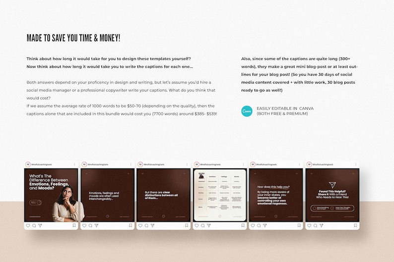 May include: A set of six brown and white social media post templates with text that reads "What's the difference between emotions, feelings, and moods?" and "How does this help you? By being more aware of your inner state, you become better at controlling your own emotional responses."