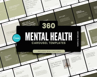 May include: A collection of 360 mental health carousel templates, editable in Canva. The templates feature various prompts and advice, with text like "Mental Health," "Includes Real Captions," and "When You Feel Depressed."