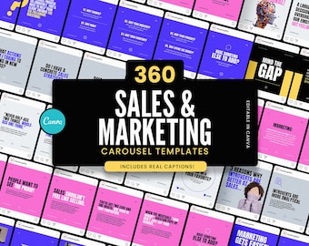 May include: A collection of 360 sales and marketing carousel templates for Canva. The templates feature a variety of colors and designs, including pink, blue, and yellow. The text "360 Sales & Marketing Carousel Templates" is displayed in white on a black background. The text "Includes Real Captions!" is displayed in yellow on a white background.