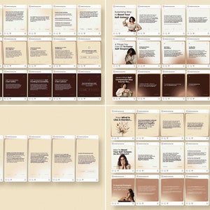 May include: A collection of 24 Instagram post templates with a brown and beige color scheme. The templates feature text about self-compassion, self-esteem, and mental health. Some templates include images of people.