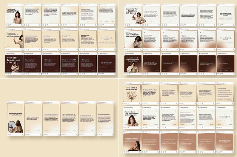 May include: A collection of 24 Instagram post templates with a brown and beige color scheme. The templates feature text about self-compassion, self-esteem, and mental health. Some templates include images of people.
