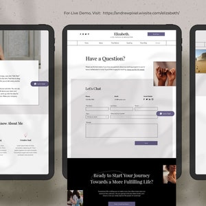May include: A website screenshot showing a contact form with the text "Have a Question?" and "Let's Chat". The website is for a life coach and educator named Elizabeth.