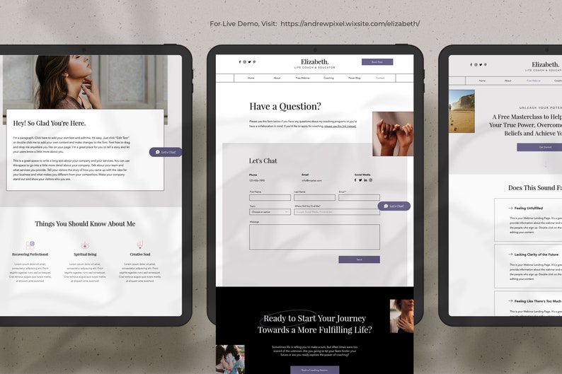 May include: A website screenshot showing a contact form with the text "Have a Question?" and "Let's Chat". The website is for a life coach and educator named Elizabeth.