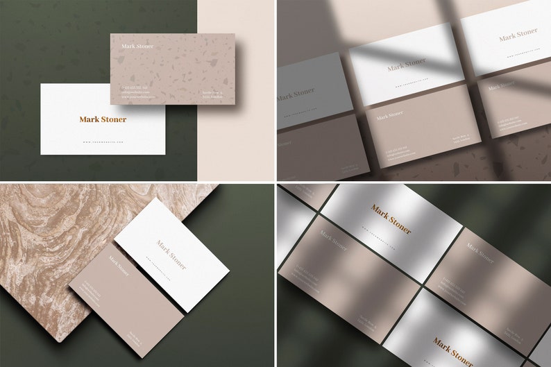 May include: A mockup of a business card with the name "Mark Stoner" printed in gold lettering on a white background. The card is shown in various positions and on different surfaces, including a marble-like surface and a light brown surface.