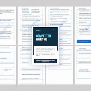 Op de afbeelding: Een digitale tablet met de tekst "Concurrentieanalyse", omringd door verschillende werkbladen met blauwe koppen en tekst. De werkbladen bevatten verschillende secties voor concurrentieonderzoek en -analyse. De achtergrond is lichtgrijs.