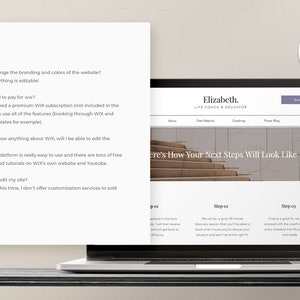 May include: A laptop computer displaying a website for a life coach and educator. The website is built using Wix and features a light gray and white color scheme. The website header includes the text "Elizabeth. Life Coach & Educator" and a button that says "Book Now". The website also includes a section titled "Here's How Your Next Steps Will Look Like" with three steps outlined.