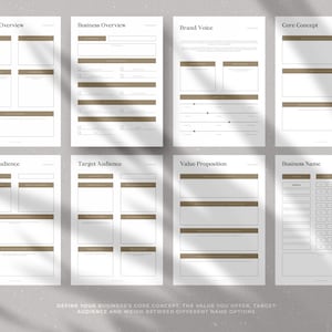 May include: A printable worksheet with sections for defining a business's core concept, value proposition, target audience, and business name. The worksheet includes prompts and spaces for writing.