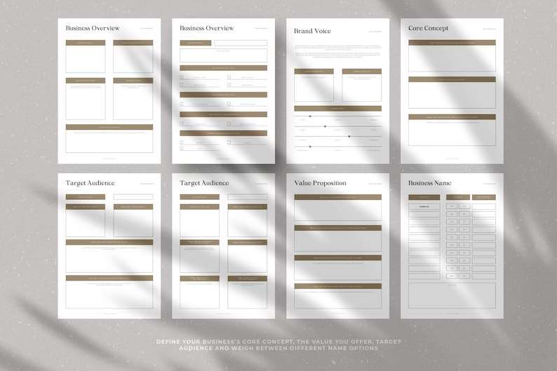 May include: A printable worksheet with sections for defining a business's core concept, value proposition, target audience, and business name. The worksheet includes prompts and spaces for writing.