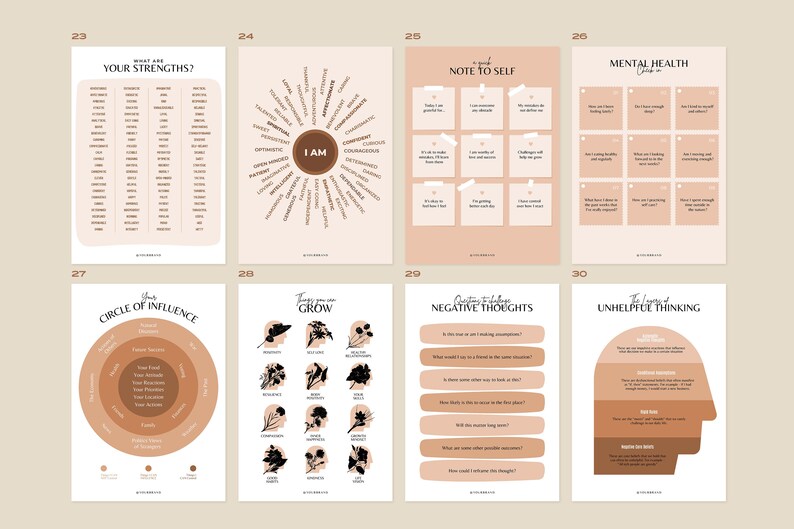 Peut inclure: Un ensemble de feuilles de travail imprimables avec un fond p&ecirc;che et du texte brun. Les feuilles de travail sont con&ccedil;ues pour aider les gens &agrave; am&eacute;liorer leur sant&eacute; mentale et leur bien-&ecirc;tre. Les feuilles de travail comprennent des invites pour identifier les points forts, &eacute;crire une note &agrave; soi-m&ecirc;me, remettre en question les pens&eacute;es n&eacute;gatives, et plus encore.