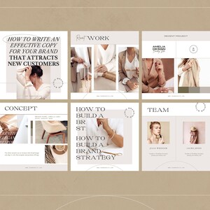 May include: A social media post with six squares featuring images and text. The top left square has the text "How to write an effective copy for your brand that attracts new customers". The top middle square has the text "R WORK". The top right square has the text "Amelia Design" and "Recent Project". The bottom left square has the text "Concept" and "Creative Elegance Responsive". The bottom middle square has the text "How to build a brand strategy". The bottom right square has the text "Team" and features two women's faces.