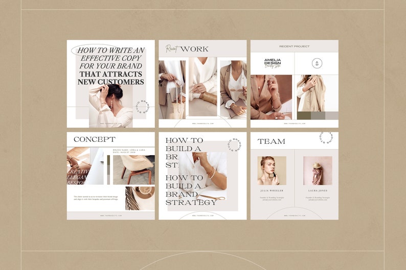 May include: A social media post with six squares featuring images and text. The top left square has the text "How to write an effective copy for your brand that attracts new customers". The top middle square has the text "R WORK". The top right square has the text "Amelia Design" and "Recent Project". The bottom left square has the text "Concept" and "Creative Elegance Responsive". The bottom middle square has the text "How to build a brand strategy". The bottom right square has the text "Team" and features two women's faces.