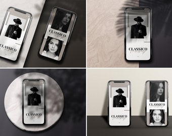 May include: Four different mockups of a black smartphone with a white screen displaying a black and white image of a person wearing a hat. The text "CLASSICO Mockup" is displayed on the screen.