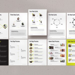 May include: A set of 10 printable posters showing different step-by-step processes, each with a different number of steps. The posters are in black and white with yellow accents and feature images of people doing yoga poses.