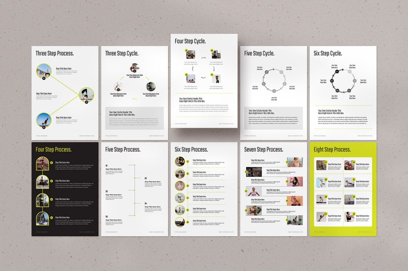 May include: A set of 10 printable posters showing different step-by-step processes, each with a different number of steps. The posters are in black and white with yellow accents and feature images of people doing yoga poses.