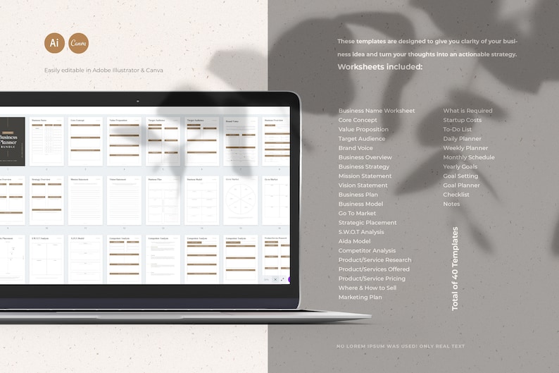 May include: A laptop computer displaying a set of 40 business templates. The templates are designed to help you clarify your business idea and turn your thoughts into an actionable strategy. The templates include worksheets for business name, core concept, value proposition, target audience, brand voice, business overview, business strategy, mission statement, vision statement, business plan, business model, go to market, strategic placement, SWOT analysis, AIDA model, competitor analysis, product/service research, product/services offered, product/service pricing, where & how to sell, and marketing plan.