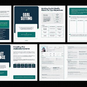 以下が含まれることがあります： 目標設定と題された緑と白のワークシートと、Making Social Media Work For You Objectivesと題されたセクションがあります。ワークシートには、ファネル図と、目的、ターゲットオーディエンス、主要指標、戦略という見出しのついた表が含まれています。