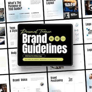 May include: A digital presentation titled "Personal Trainer Brand Guidelines" on a tablet, surrounded by related design elements. The presentation includes sections on purpose, tone, brand voice, and logo design. The tablet screen displays the title in bold white letters.
