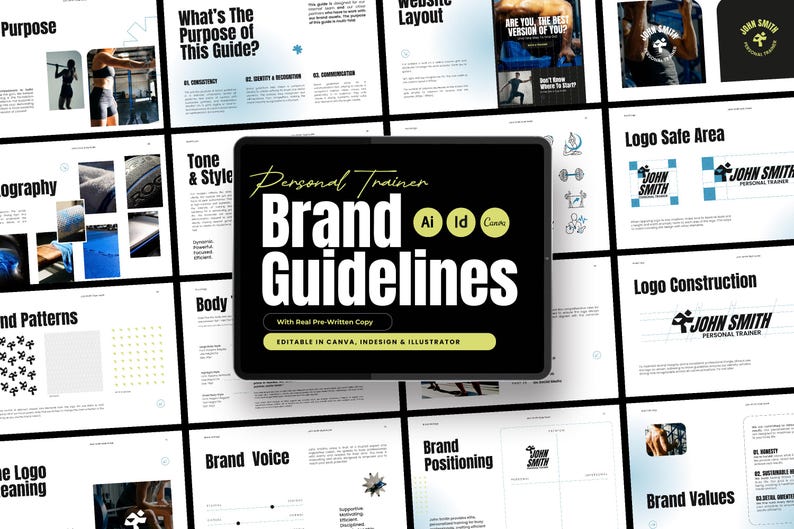 Puede incluir: Presentaci&oacute;n digital en una tableta titulada "Personal Trainer Brand Guidelines". La presentaci&oacute;n incluye secciones sobre prop&oacute;sito, tono, voz de marca y dise&ntilde;o de logotipos. La pantalla de la tableta muestra el t&iacute;tulo en letras blancas en negrita.