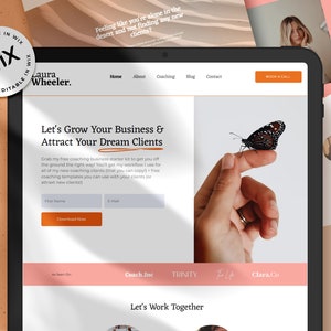 May include: A website screenshot showing a coaching business website with a call to action to download a free coaching business starter kit. The website has a pink and orange color scheme and features a butterfly on a finger.