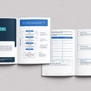 Op de afbeelding: Open boek met de titel "MARKETING FUNNEL" in teal en wit. De pagina's bevatten diagrammen, grafieken en tekst. Het boek is op meerdere pagina's open en toont informatie over marketingstrategie&euml;n en publieksbetrokkenheid.