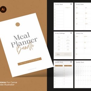 Könnte beinhalten: Ein weißes, druckbares Meal-Planner-Paket mit 21 Vorlagen für Canva und Adobe Illustrator. Das Cover zeigt den Text "Meal Planner Bundle" in grau und braun. Der Text "Editable & Printable" befindet sich in einem braunen Rechteck am unteren Rand des Covers.